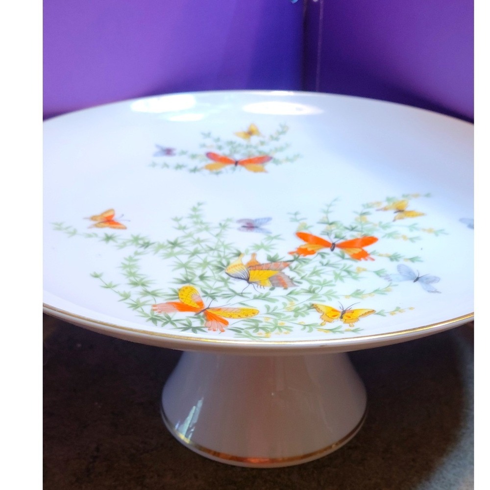 Shafford Ecstasy Butterfly Porcelain Cake Stand Gold Trim Pedestal Server 10in